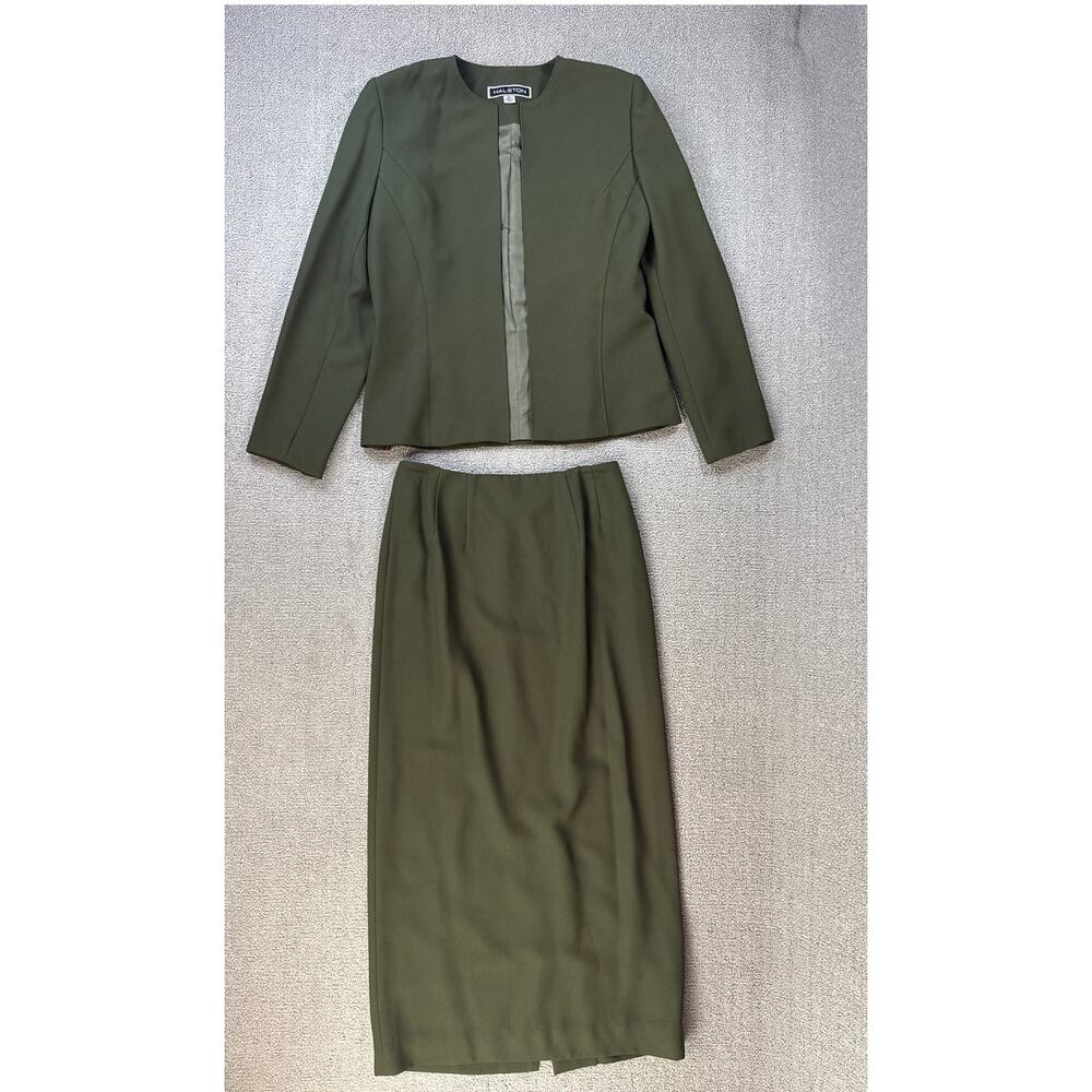 Halston Suit Set Skirt Jacket Career Academia Green Size 4 Petite
